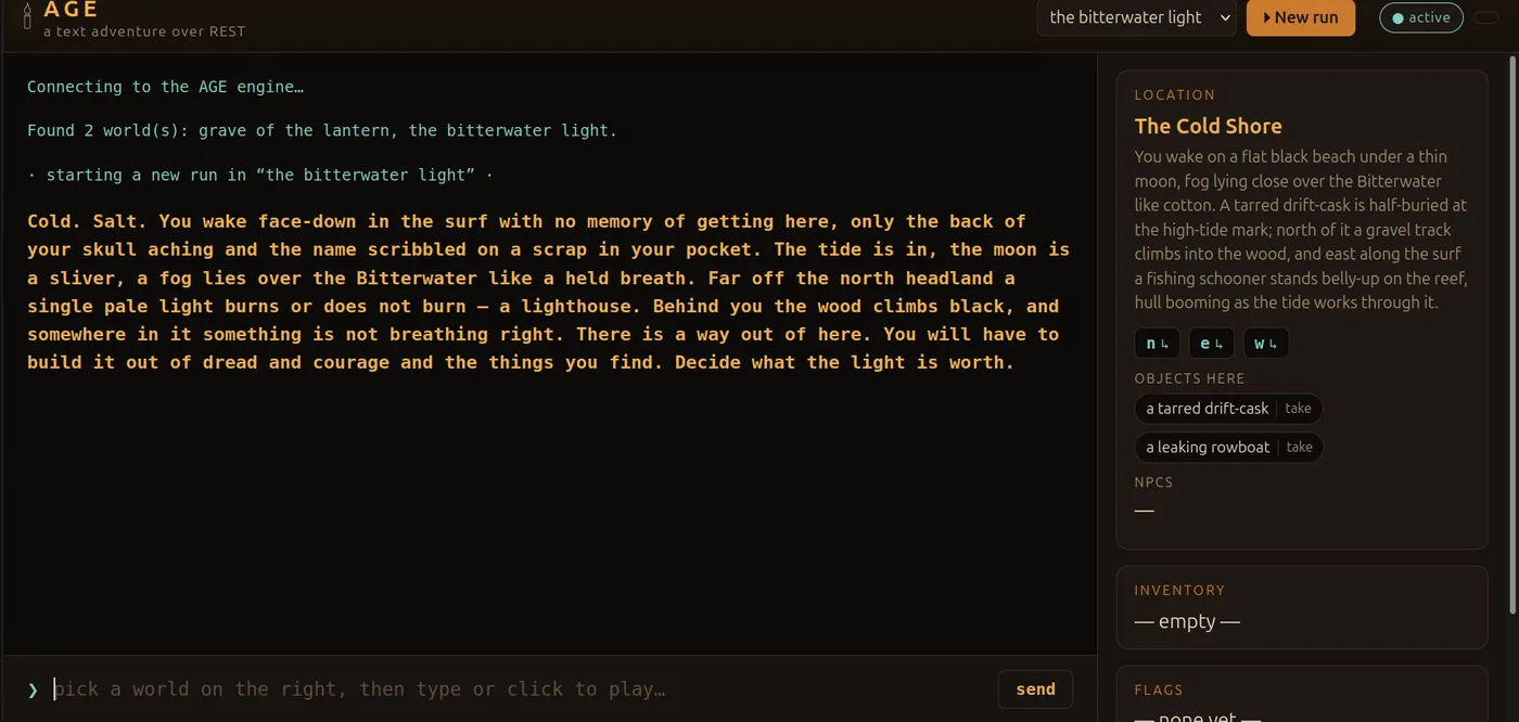 humanage.catbee.ca — the human playable version of Bitterwater Light, showing a new run starting in The Cold Shore